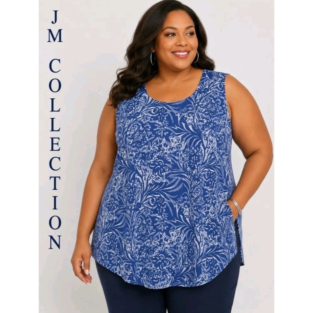 JM Collection Womens 4X Floral Blue Sleeveless Stretch Career Casual Tank Top